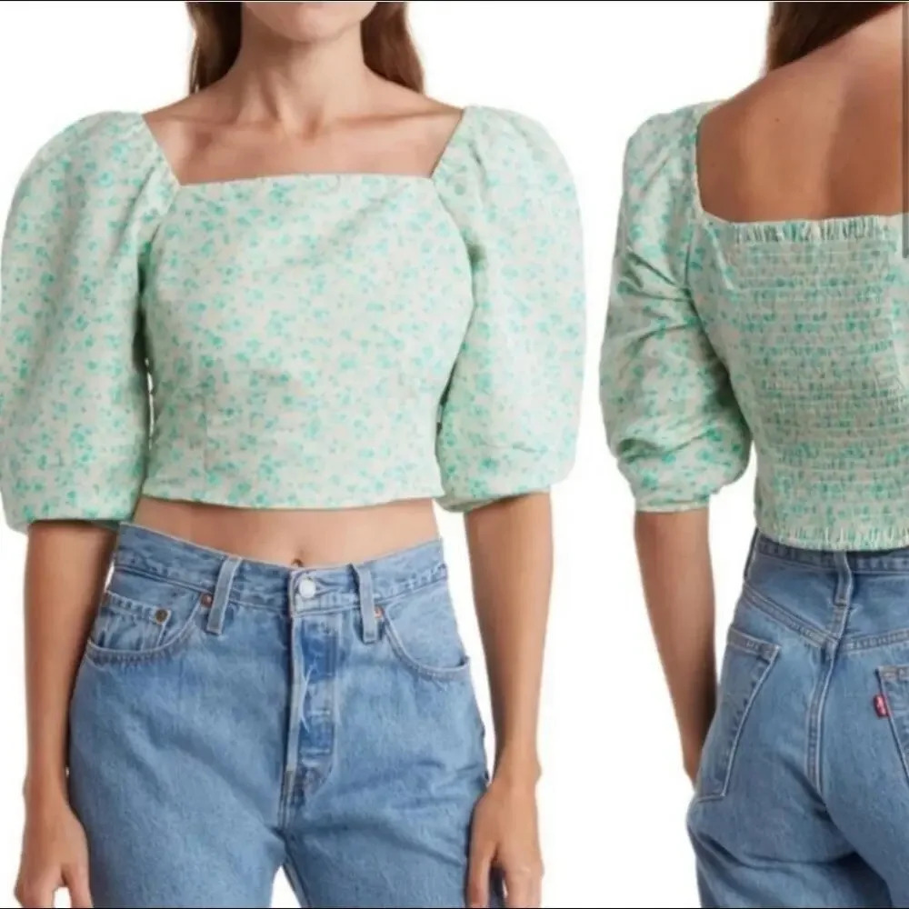 NWT Levi's Yvie Top Women's Large Crop Blouse Puff Sleeves Smocked Cropped Green